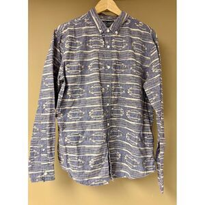 Retrofit Aztec Print Button Down Casual Shirt Chambray Blue White Pattern M